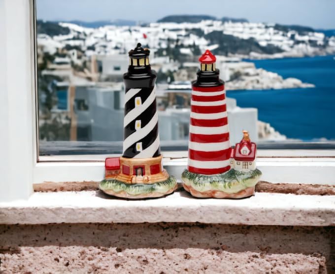 Cosmos Gifts Fine Ceramic Black Striped & Red Striped Lighthouse Salt and Pepper Shakers 4" H 10480