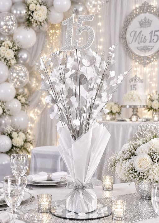White 15th Birthday Balloon Weight Centerpieces, 2 Pieces