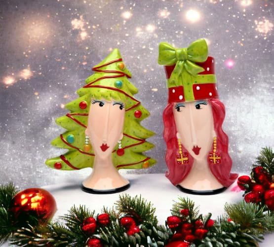Cosmos Gifts Fine Ceramic Dollymama's Christmas Lady Tree & Ribbon Hat Salt and Pepper Shakers 4-1/4" H