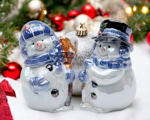 Cosmos Gifts Fine Ceramic Glossy Snowman Couple Salt and Pepper Shakers Set 3-1/2" H