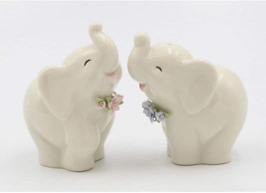 Cosmos Gifts Fine Porcelain Happy Lucky Elephants Salt & Pepper Shakers Set 3.25 In White