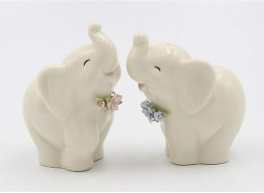 Cosmos Gifts Fine Porcelain Happy Lucky Elephants Salt & Pepper Shakers Set 3.25 In White