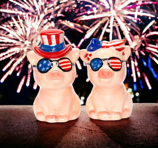 Cosmos Gifts Fine Ceramic Patriotic Fourth of July Love Couple Pig Salt & Pepper Shakers Set 3-1/2" H 21083