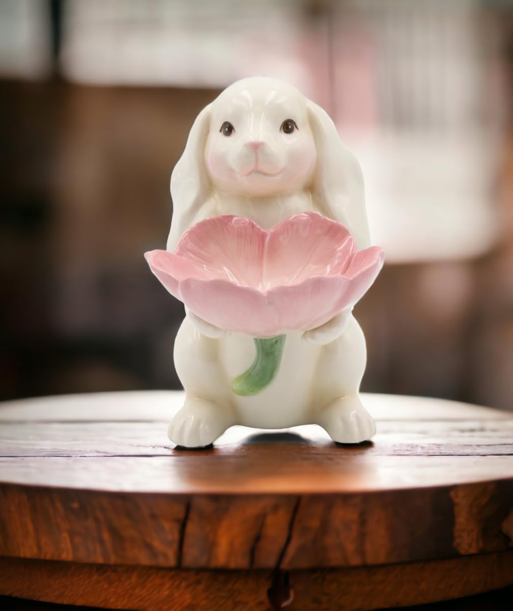 Cosmos Gifts Fine Ceramic Bunny Rabbit Holding Pink Tulip Flowers Candy Candle Plate Figurine, 6-1/4" H