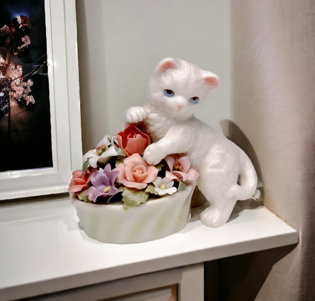 Cosmos Gifts Fine Porcelain Cat Kitten with Pink Rose Flowers Pot Mini Figurine 3" H 96475