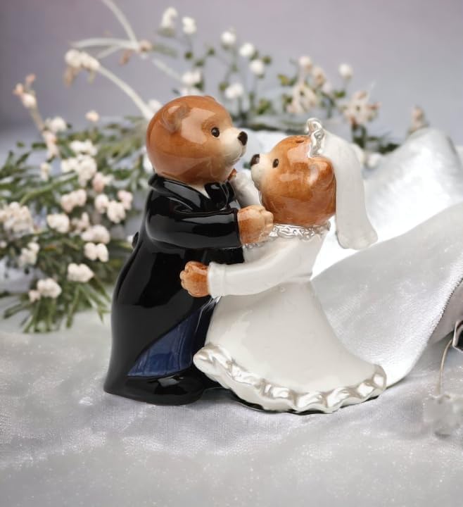 Cosmos Gifts Fine Ceramic Hand Painted First Dance Bride and Groom Teddy Bear Salt and Pepper Shakers Set 3-3/8" H