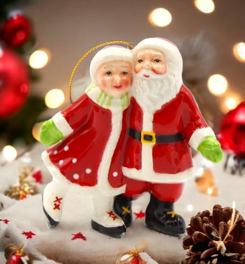 Cosmos Gifts Fine Ceramic Mr. & Mrs. Claus Ice Skating Ornament 3-5/8"
