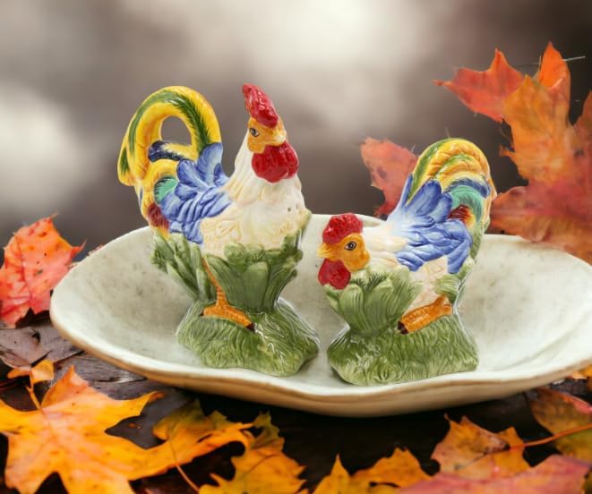 Cosmos Gifts Fine Ceramic Hand Painted Rooster & Hen Salt and Pepper Shakers 5" H