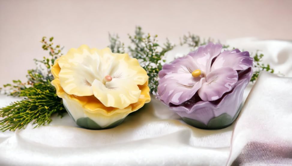Cosmos Gifts Fine Porcelain Hand Painted Yellow & Purple Pansy Flowers Salt & Pepper Shakers Set 2-3/4" H
