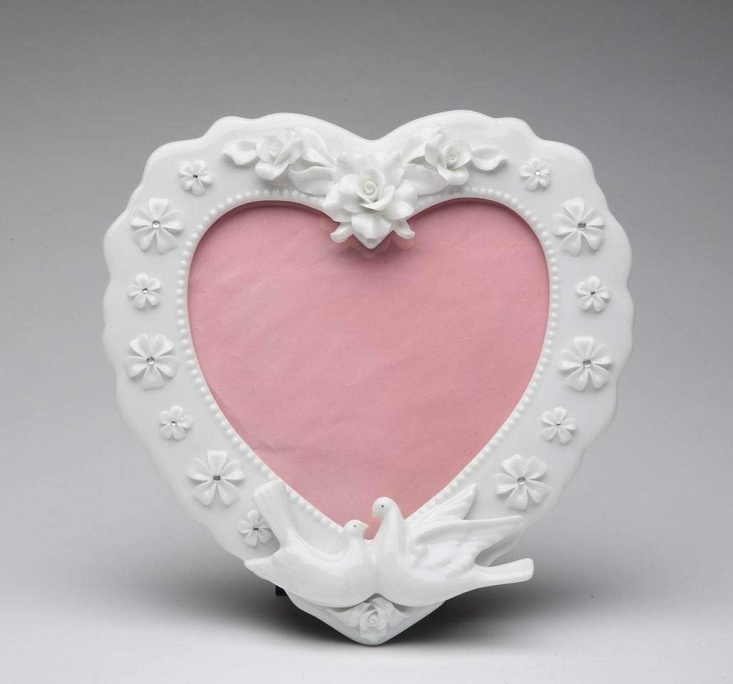 Cosmos Gifts Fine Porcelain Double Doves White Rose Flowers Heart Shape Frame 8" x 7-1/2"