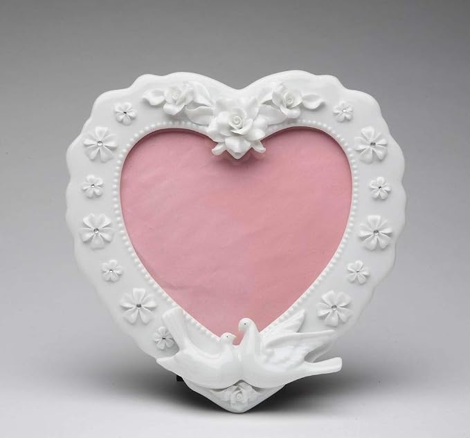 Cosmos Gifts Fine Porcelain Double Doves White Rose Flowers Heart Shape Frame 8" x 7-1/2"