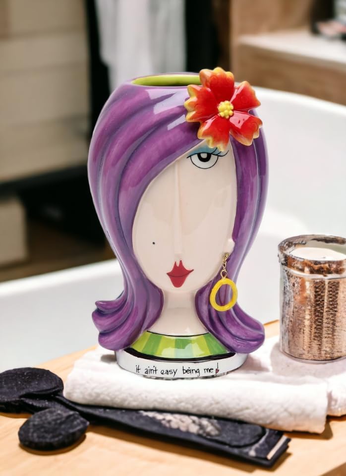 StealStreet Fine Ceramic It Isn't Easy Being Me Lady with Flower Makeup Holder Vase 5.87" H Purple