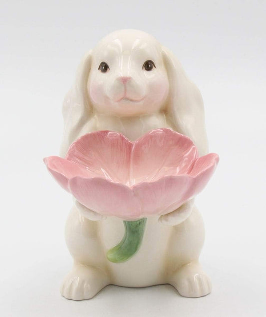 Cosmos Gifts Fine Ceramic Bunny Rabbit Holding Pink Tulip Flowers Candy Candle Plate Figurine, 6-1/4" H