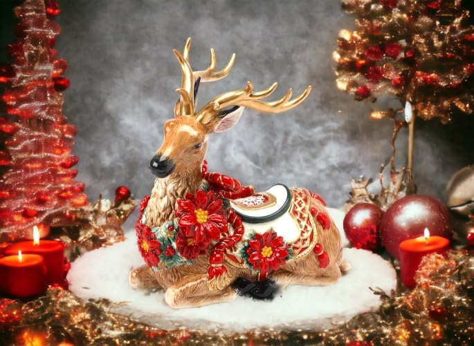 Cosmos Gifts Fine Ceramic Sitting Reindeer with Gold Accents Antlers and Red Poinsettia Figurine 10-1/2" H