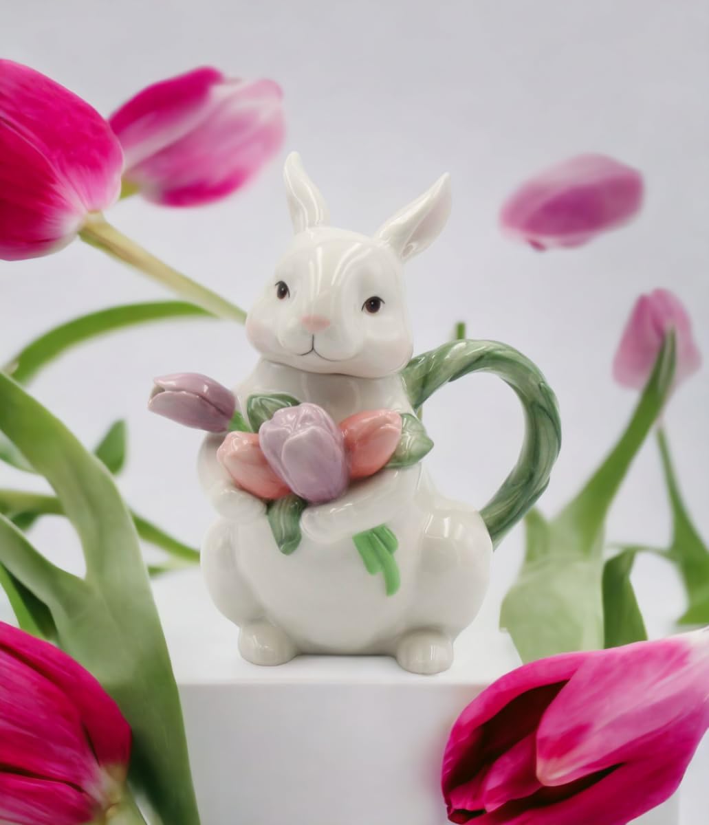 Cosmos Gifts Fine Ceramic Bunny Rabbit with Tulips Flower Teapot 7-1/4" H Green