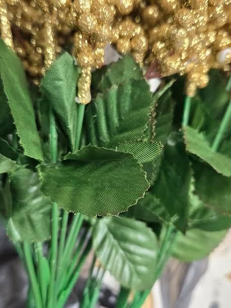 Party Favors Plus Gold Glittered Berry Spray with Green Leaves 8 Bunches 40 Stems