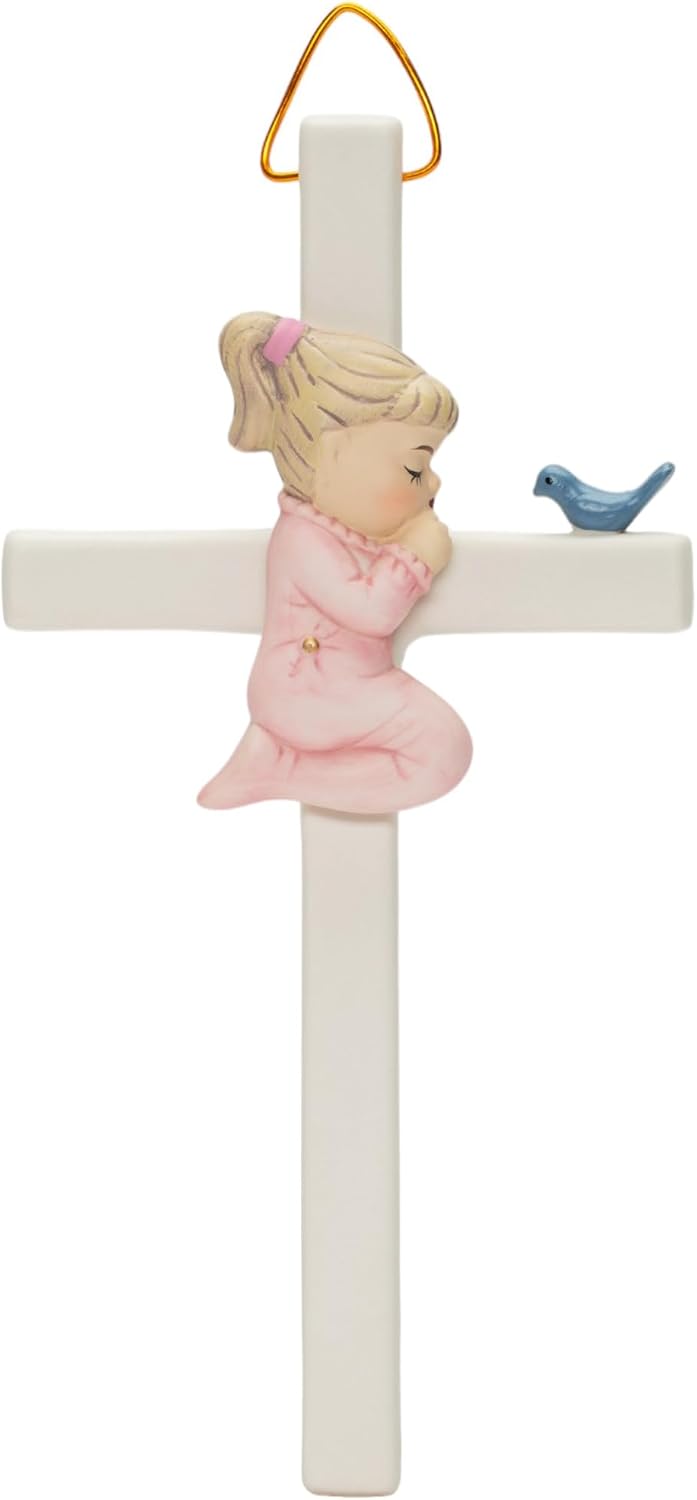 Cosmos Gifts Fine Porcelain Little Girl Praying Hanging Wall Cross 7-7/8" H