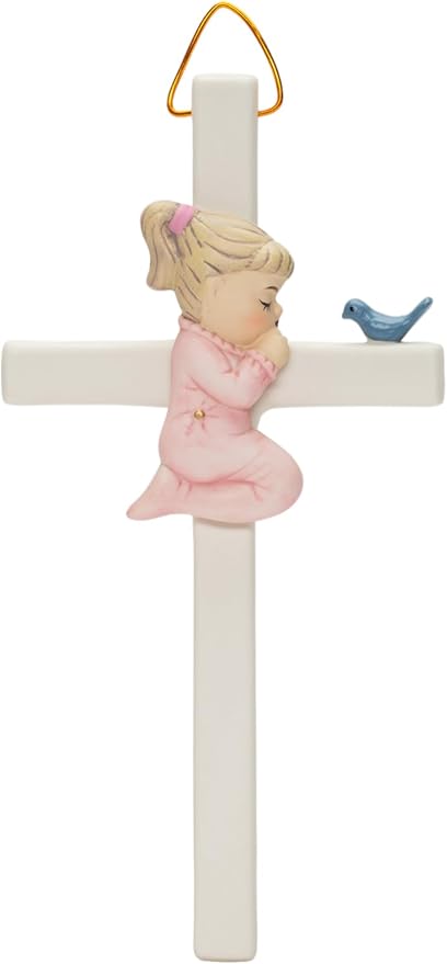 Cosmos Gifts Fine Porcelain Little Girl Praying Hanging Wall Cross 7-7/8" H