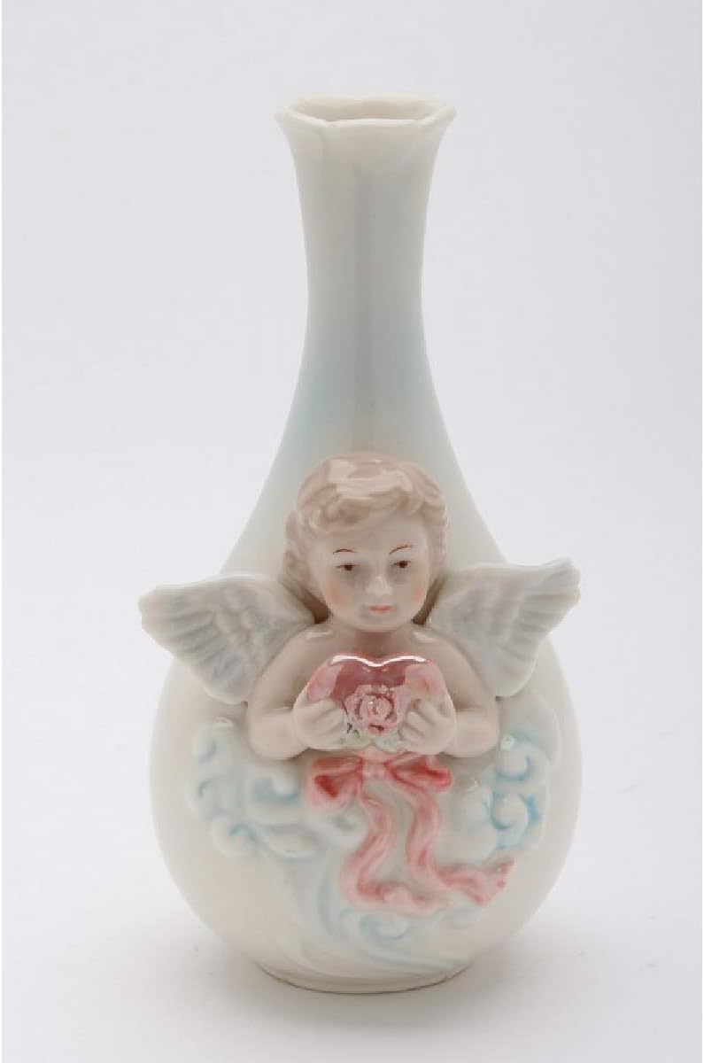Cosmos Gifts Fine Porcelain Cherub Holding Heart Flower Bud Vase 5-3/4" H
