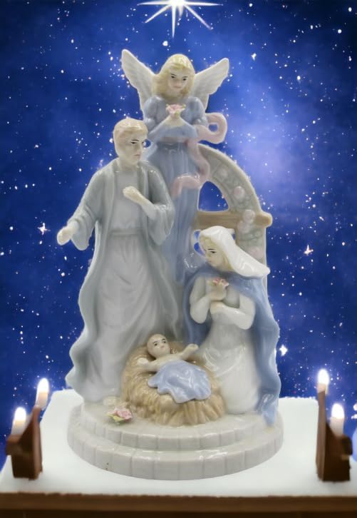 Cosmos Gifts Fine Porcelain Inspirational Angel with Nativity Holy Family Figurine Music Box 7-1/2" H