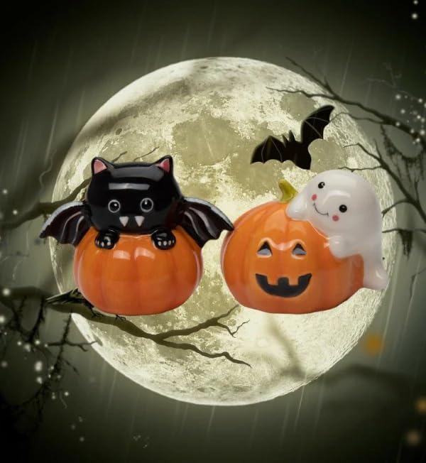 Cosmos Gifts Fine Ceramic Halloween Casper & Bat Dracula on Pumpkin Salt & Pepper Shakers Set 3-1/8" L