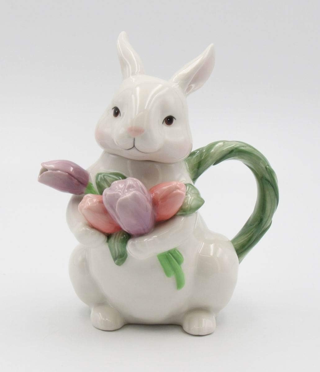 Cosmos Gifts Fine Ceramic Bunny Rabbit with Tulips Flower Teapot 7-1/4" H Green