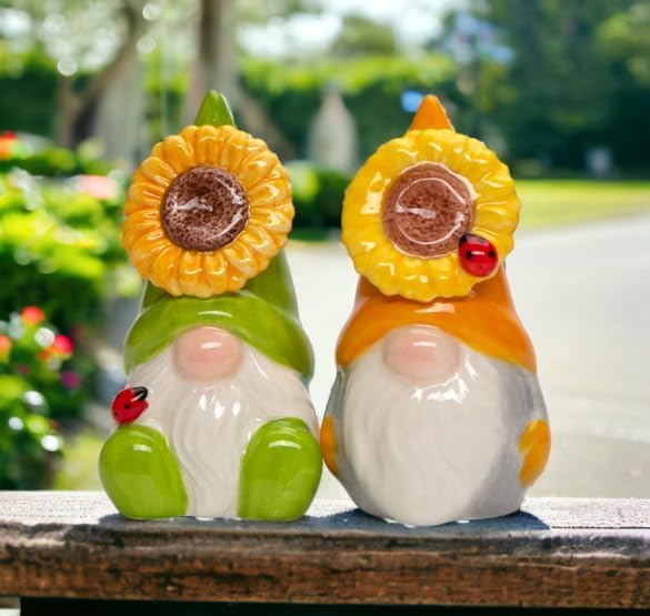 Cosmos Gifts Ceramic Sunflower Gnomes Salt and Pepper Shakers 3-3/4" H 21049
