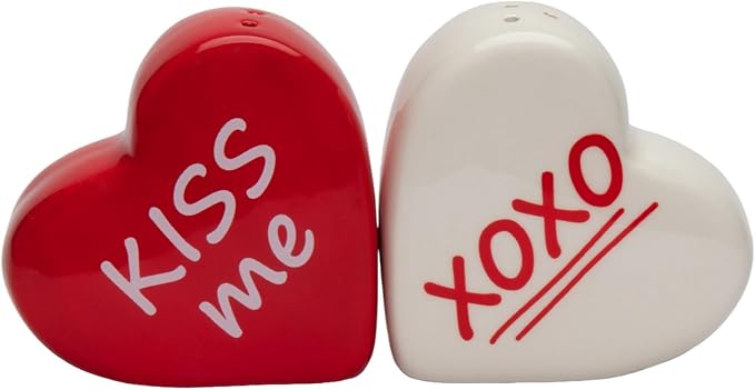 Cosmos Gifts Fine Ceramic Valentine Kiss Me Love Red Heart Salt & Pepper Shakers Set 2-1/2" H