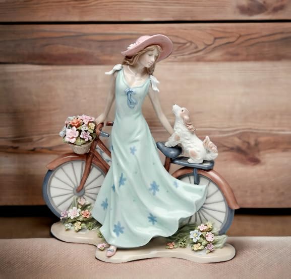 Cosmos Gifts Fine Porcelain Lady Riding Bike with Dog Figurine 10-5/8" H