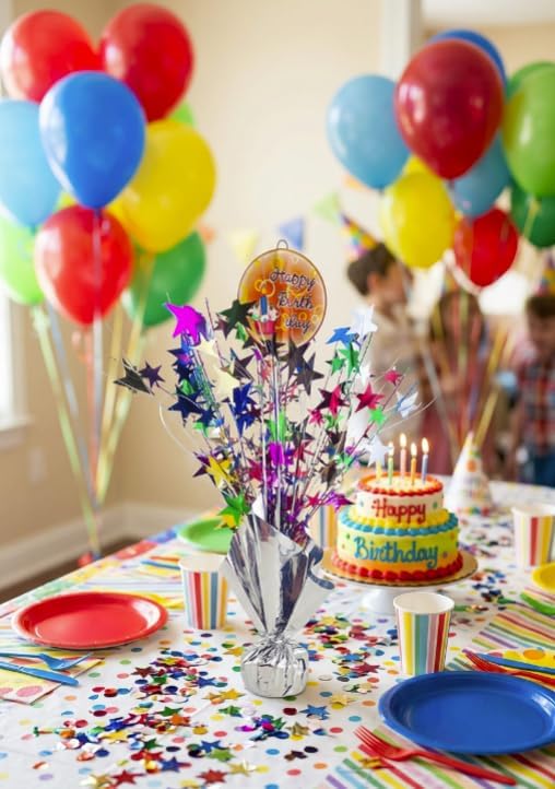 Happy Birthday Balloon Weight Centerpiece with Multicolor Stars