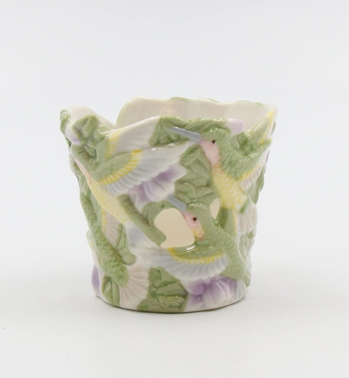 Cosmos Gifts Fine Porcelain Hummingbird Purple Flowers Tea Light Candle Holder Set of 2 2.75 In Purple