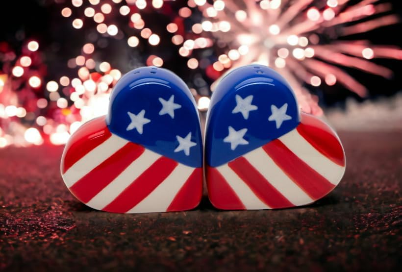 Cosmos Gifts Fine Ceramic Patriotic Heart Shape American Flag Salt and Pepper Shakers 2-1/2" H