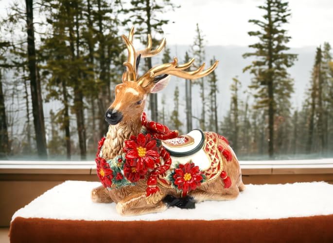 Cosmos Gifts Fine Ceramic Sitting Reindeer with Gold Accents Antlers and Red Poinsettia Figurine 10-1/2" H