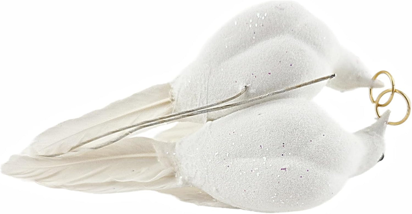 White Glitter Love Doves Wedding Ornament with Gold Rings and Top Hat, Plastic and Feather, 5x2 Inch, 2 Sets
