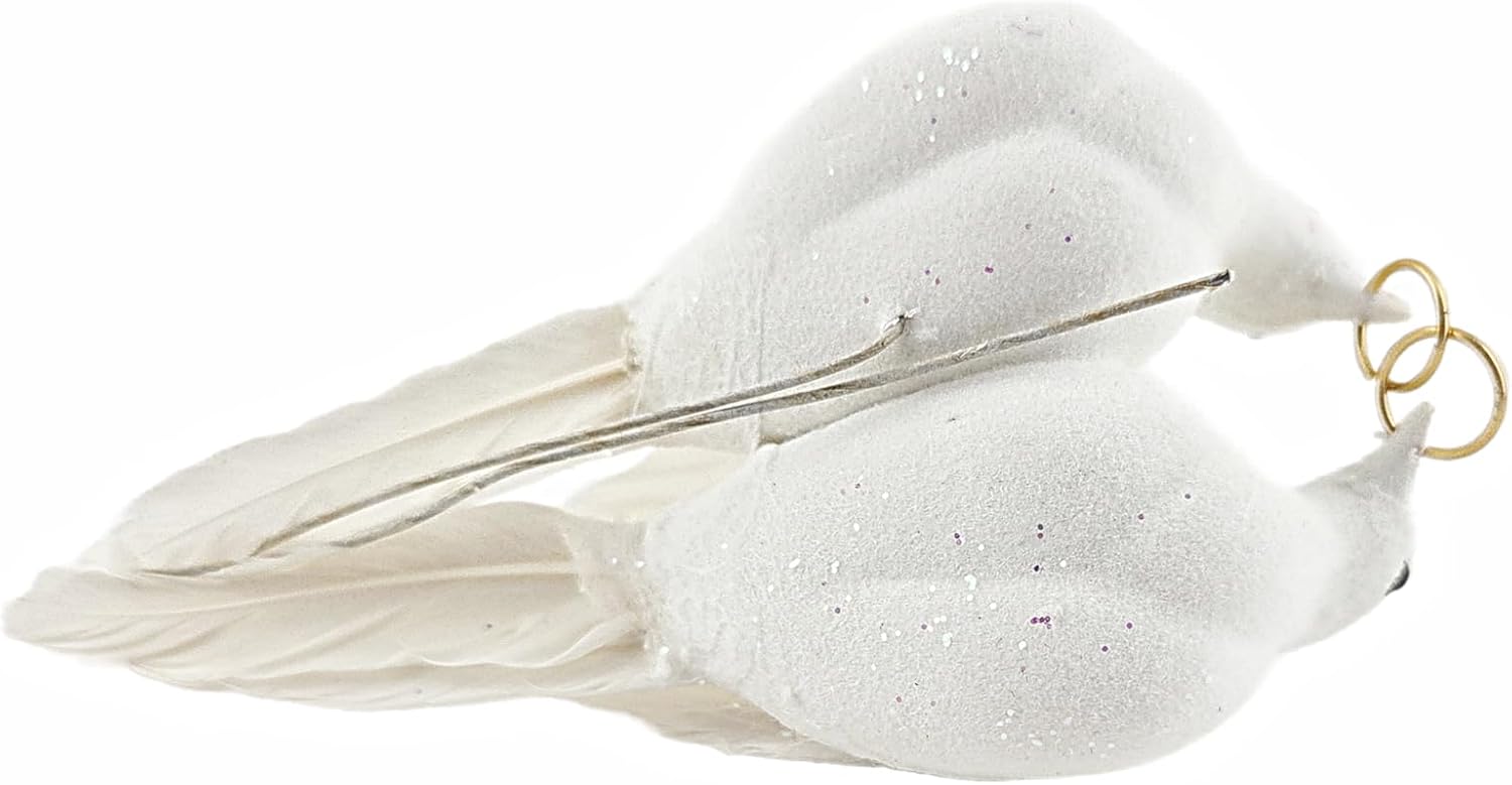 White Glitter Love Doves Wedding Ornament with Gold Rings and Top Hat, Plastic and Feather, 5x2 Inch, 2 Sets