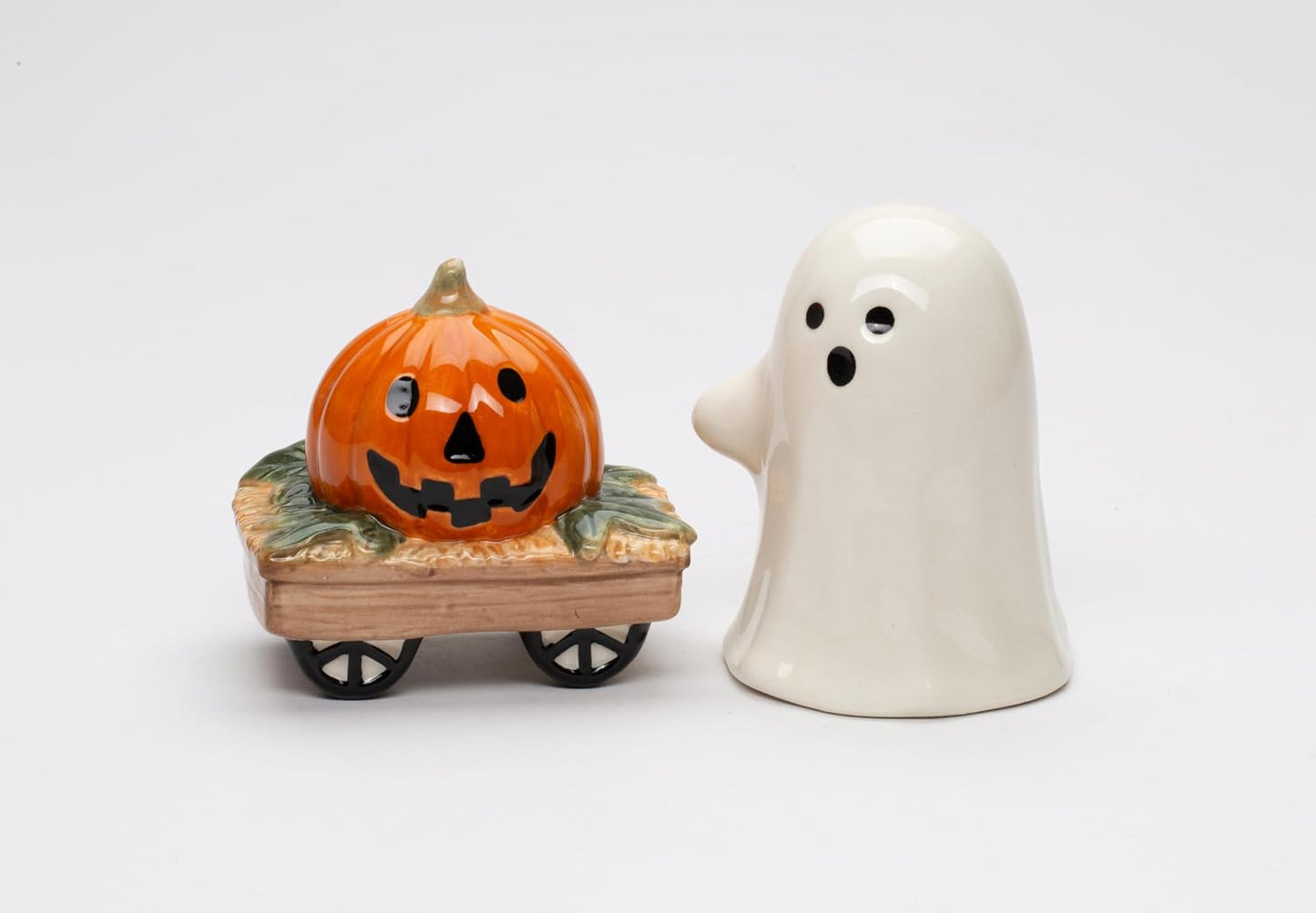 Fine Ceramic Halloween Casper & Pumpkin Wagon Salt & Pepper Shakers Set, 3-1/4" H