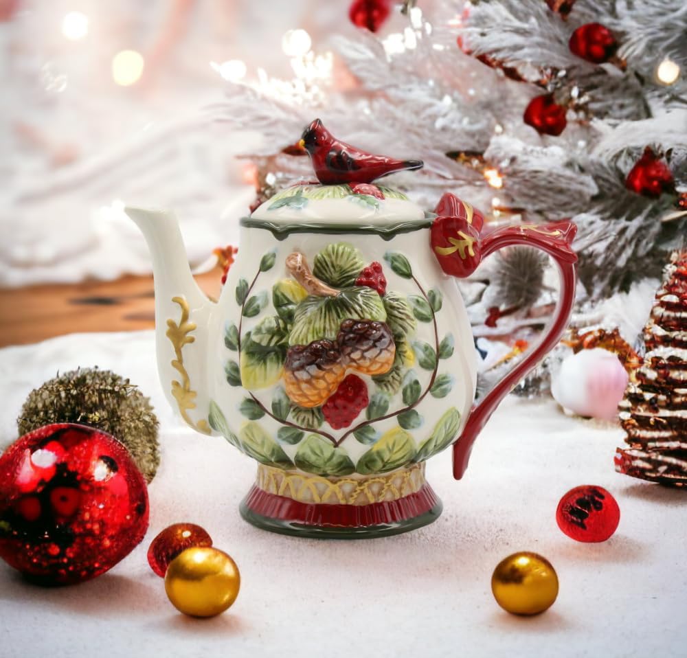 Cosmos Gifts Fine Ceramic Evergreen Holiday Red Cardinal with Pine Cones Teapot 8-1/8" L