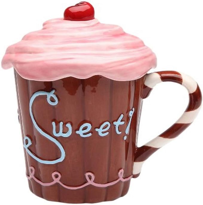 Appletree Design Life Is Sweet Ceramic Mug with Pink Lid 5-3/4" H