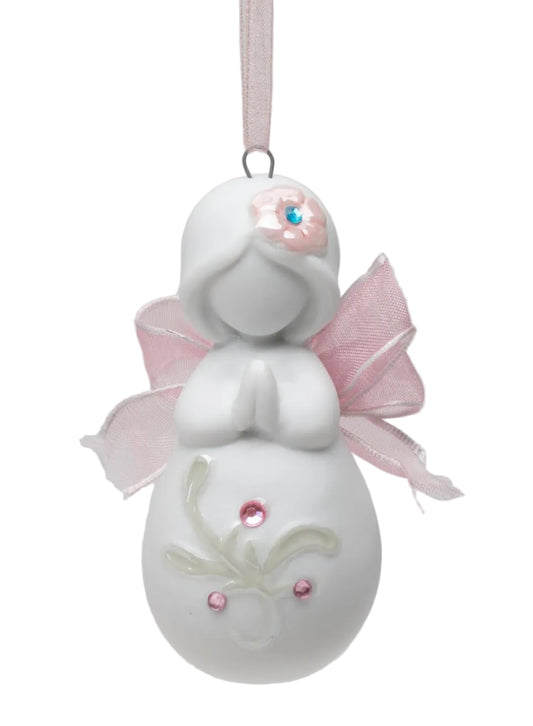Cosmos Gifts Fine Porcelain Inspirational Praying Angel with Pink Ribbon Wings Hanging Christmas Tree Ornament Figurine 3" H