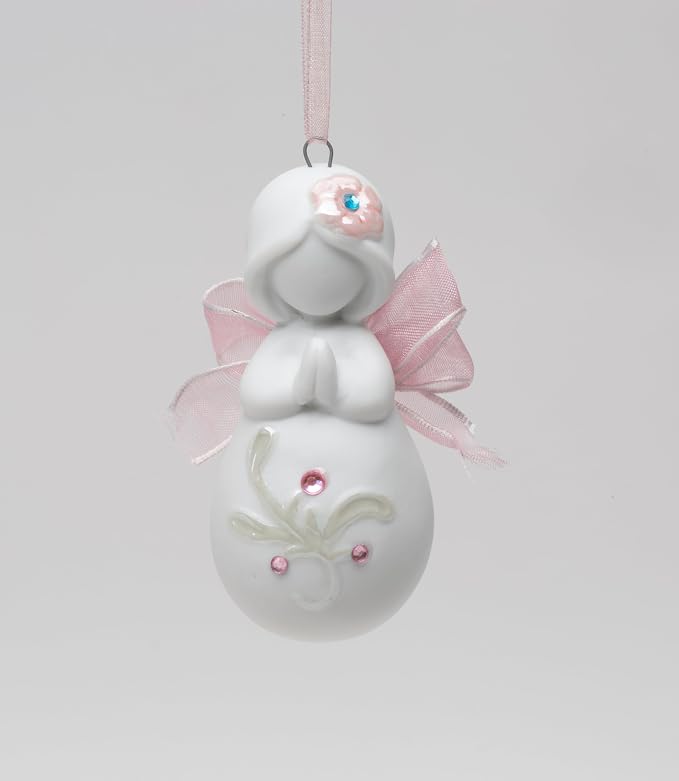 Cosmos Gifts Fine Porcelain Inspirational Praying Angel with Pink Ribbon Wings Hanging Christmas Tree Ornament Figurine 3" H