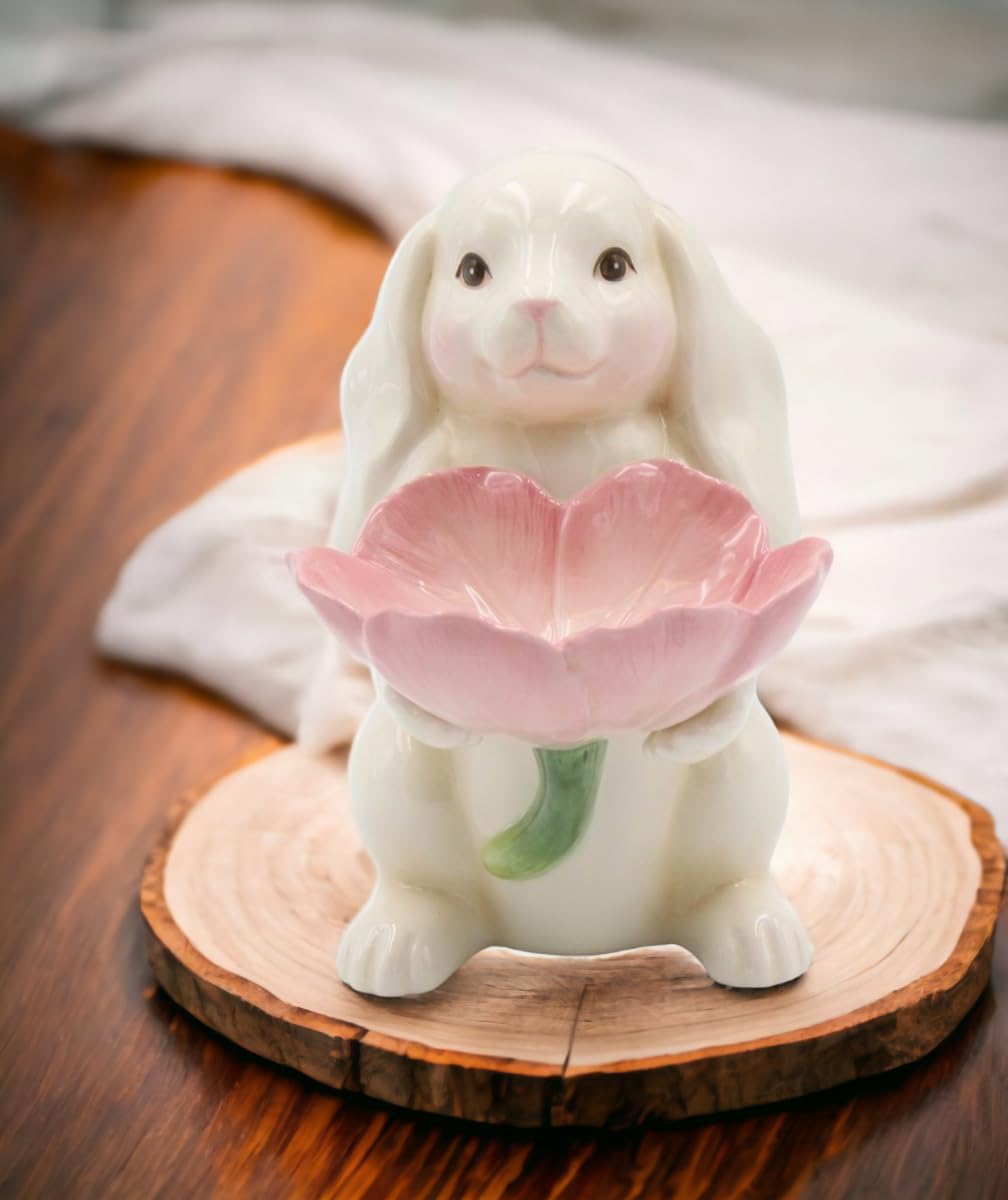 Cosmos Gifts Fine Ceramic Bunny Rabbit Holding Pink Tulip Flowers Candy Candle Plate Figurine, 6-1/4" H