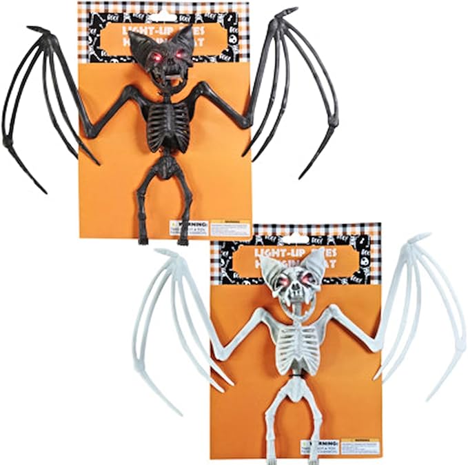 Halloween Bat Skeleton Set of 2 with Light-Up Eyes, 10H x 15.75W in. Assortment of Natural and Black
