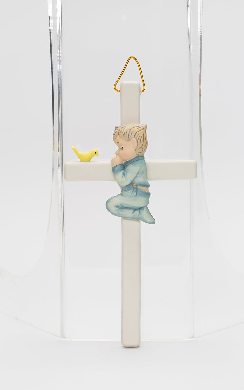 Cosmos Gifts Fine Porcelain Little Boy Praying Hanging Wall Cross 7.87" H Blue