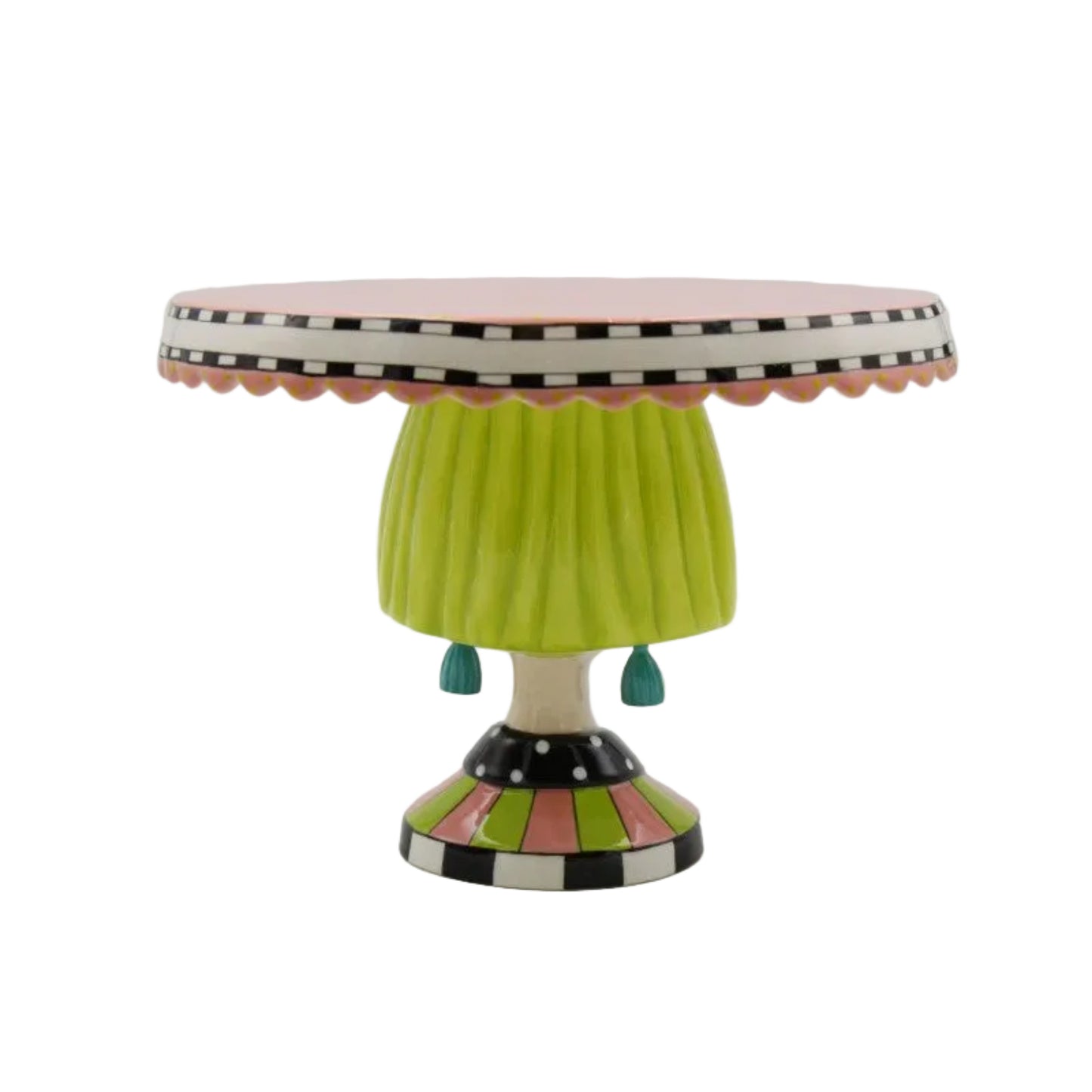 A decorative ceramic pedestal table with a pink top, a bright lime green pleated skirt, and a patterned base on a light gray background.