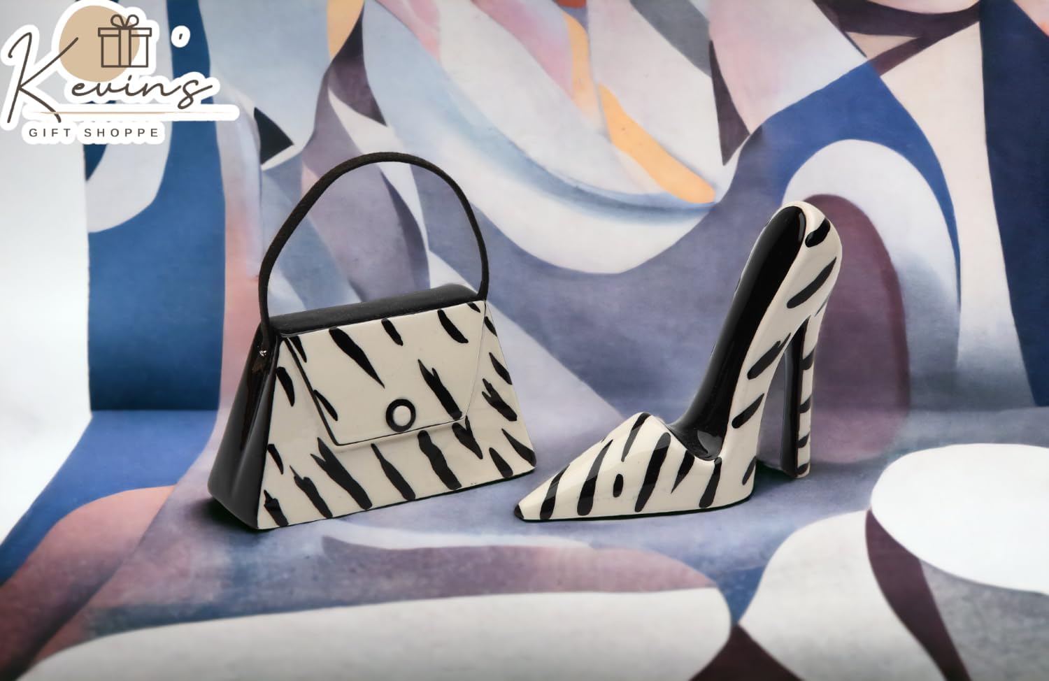 Cosmos Gifts Fine Ceramic Black and White Zebra Prints Silhouette High Heel Shoe and Purse Salt and Pepper Shakers Set 3-1/2" L