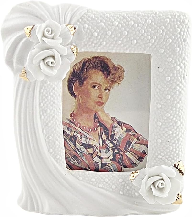Party Favors Plus White Ceramic Picture Frame 3D Floral Accents Gold Edges 4x5 Inch