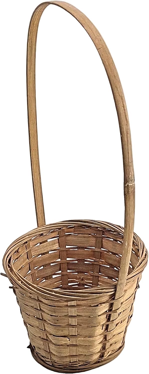Natural Brown Woven Bamboo Basket with Tall Arched Handle, 1 Piece