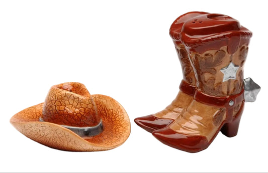 Cosmos Gifts Fine Ceramic Western Cowboy Hat & Boot with Spur Design Salt & Pepper Shakers Set 3" H