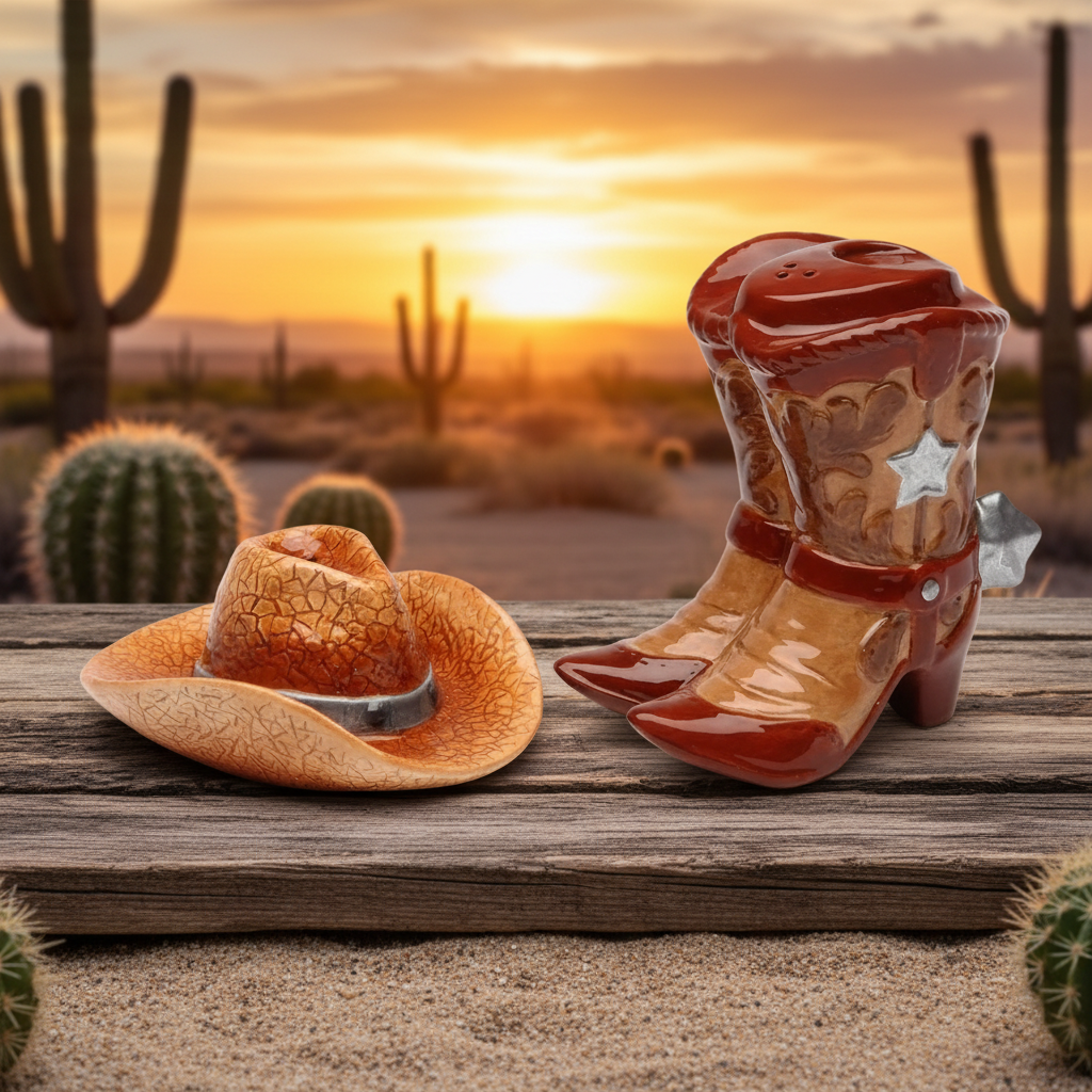 Cosmos Gifts Fine Ceramic Cowboy Boots And Hat  Salt & Pepper Shakers Set 3" H