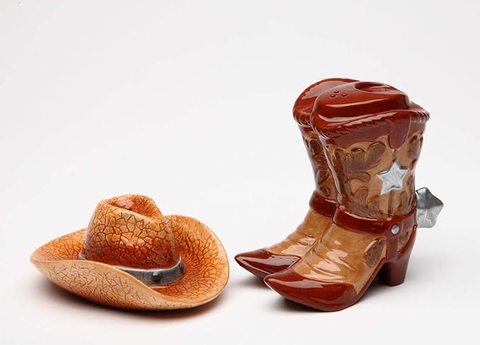 Cosmos Gifts Fine Ceramic Western Cowboy Hat & Boot with Spur Design Salt & Pepper Shakers Set 3" H